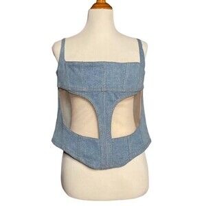 MUGLER US 12/ FR 44 Illusion Corset Top Denim Cutout Mesh Panels - Bustier